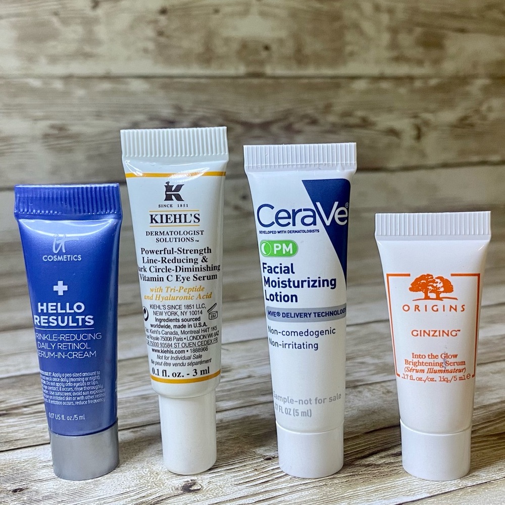 Skincare Glowing skin minis set of 4. It cosmetics, KIEHL’S, CeraVe, Origins.
